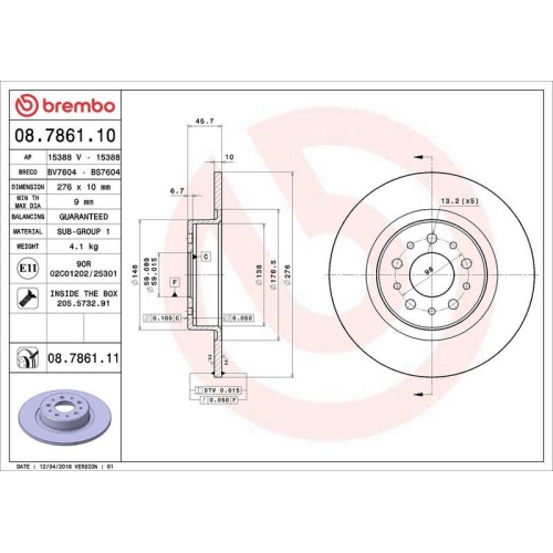 Bremsscheibe Brembo 08.7861.11 Prime Line - Uv Coated f&uuml;r Alfa Romeo Hinterachse