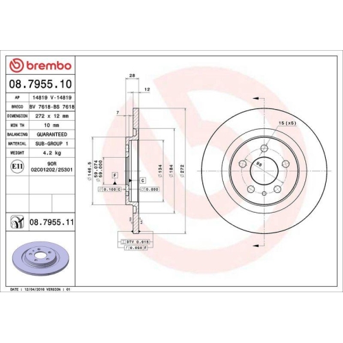 Bremsscheibe Brembo 08.7955.11 Prime Line - Uv Coated f&uuml;r Citro&euml;n Fiat Lancia