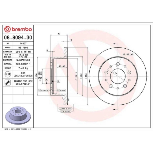 Bremsscheibe Brembo 08.8094.30 Prime Line f&uuml;r Citro&euml;n Fiat Opel Peugeot Vauxhall