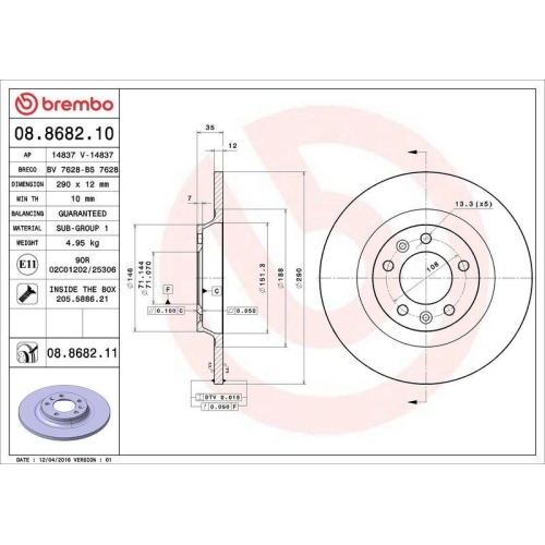 Bremsscheibe Brembo 08.8682.11 Prime Line - Uv Coated f&uuml;r Citro&euml;n Peugeot
