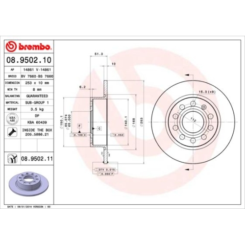 Brake Disc Brembo 08.9502.10 Prime Line for Audi Seat Skoda VW Skoda (svw)