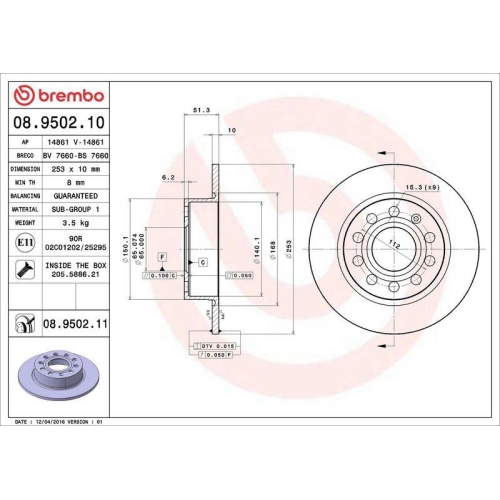 Bremsscheibe Brembo 08.9502.11 Prime Line - Uv Coated f&uuml;r Audi Seat Skoda VW