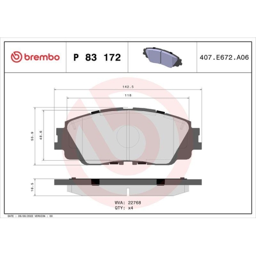 Bremsbelagsatz Scheibenbremse Brembo P83172 Prime Line f&uuml;r Toyota Lexus