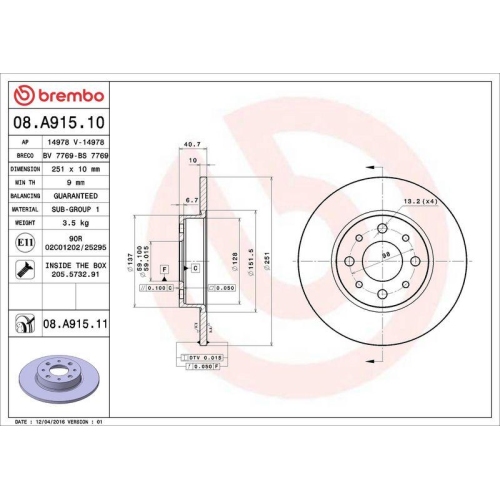Bremsscheibe Brembo 08.A915.11 Prime Line - Uv Coated f&uuml;r Alfa Romeo Hinterachse