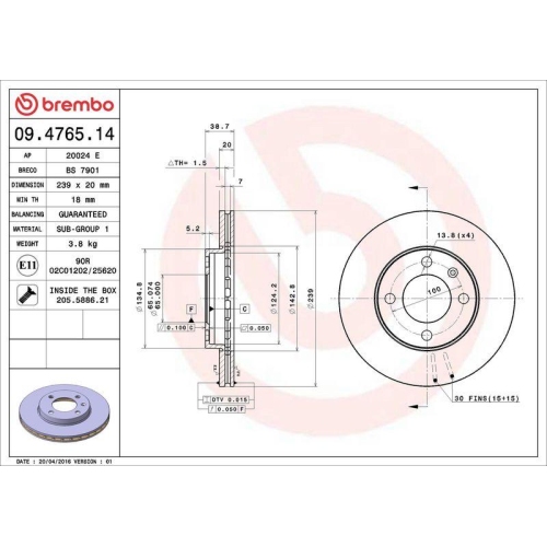 Bremsscheibe Brembo 09.4765.14 Prime Line f&uuml;r Audi Seat VW Vw (svw) Vorderachse