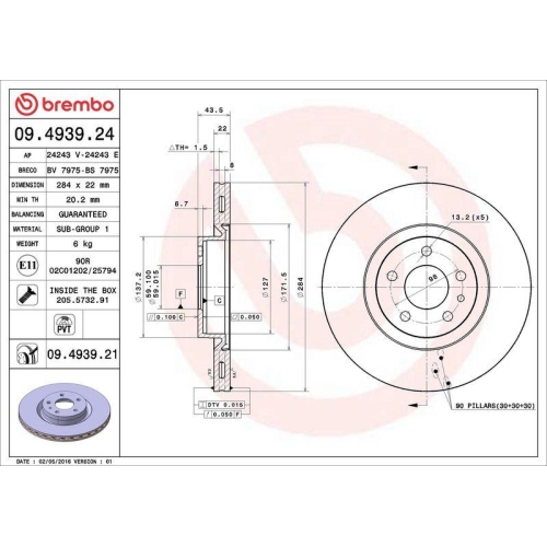 Bremsscheibe Brembo 09.4939.21 Prime Line - Uv Coated f&uuml;r Alfa Romeo Fiat Lancia