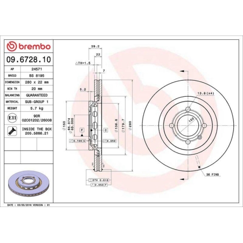 Bremsscheibe Brembo 09.6728.10 Prime Line f&uuml;r Seat VW Vorderachse