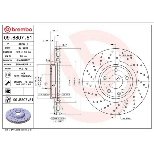 Bremsscheibe Brembo 09.B807.51 Prime Line - Uv Coated f&uuml;r Mercedes Benz
