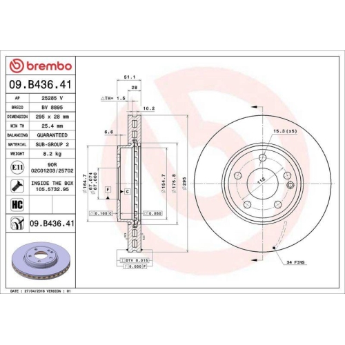 Bremsscheibe Brembo 09.B436.41 Prime Line - Uv Coated f&uuml;r Mercedes Benz