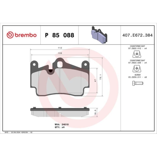 Bremsbelagsatz Scheibenbremse Brembo P85088 Prime Line f&uuml;r Audi Porsche Seat VW