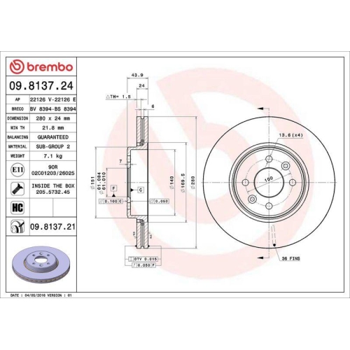 Bremsscheibe Brembo 09.8137.21 Prime Line - Uv Coated f&uuml;r Renault Dacia