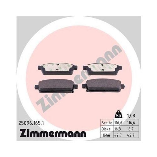 Bremsbelagsatz Scheibenbremse Zimmermann 25096.165.1 f&uuml;r Opel General Motors