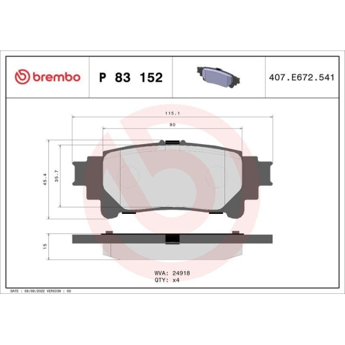 Bremsbelagsatz Scheibenbremse Brembo P83152 Prime Line f&uuml;r Daihatsu Toyota Lexus