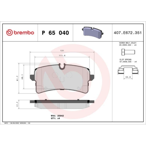 Bremsbelagsatz Scheibenbremse Brembo P65040 Prime Line f&uuml;r Porsche Hinterachse
