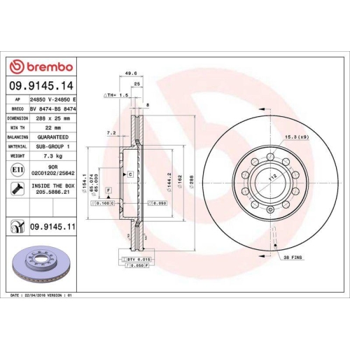 Bremsscheibe Brembo 09.9145.11 Prime Line - Uv Coated für Audi Seat Skoda VW