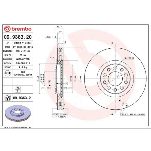 Bremsscheibe Brembo 09.9363.21 Prime Line - Uv Coated f&uuml;r Alfa Romeo Chrysler