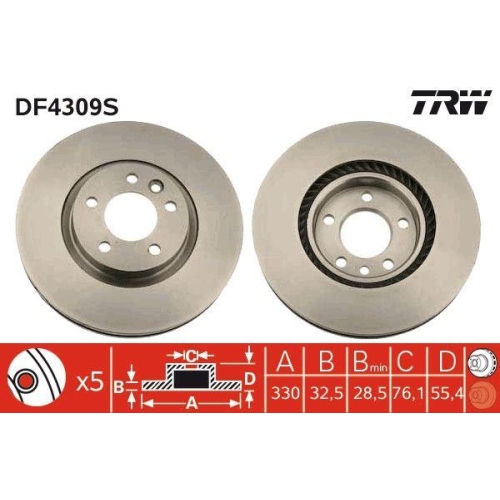 Bremsscheibe Trw DF4309S Trw Single f&uuml;r VW Vorderachse