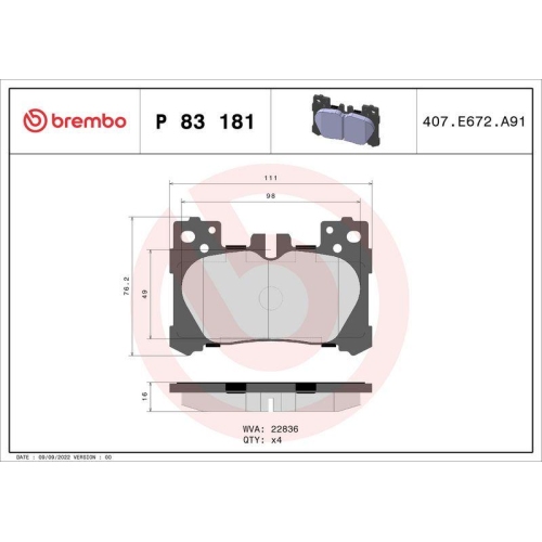 Brake Pad Set Disc Brake Brembo P83181 Prime Line for Lexus Rear Axle