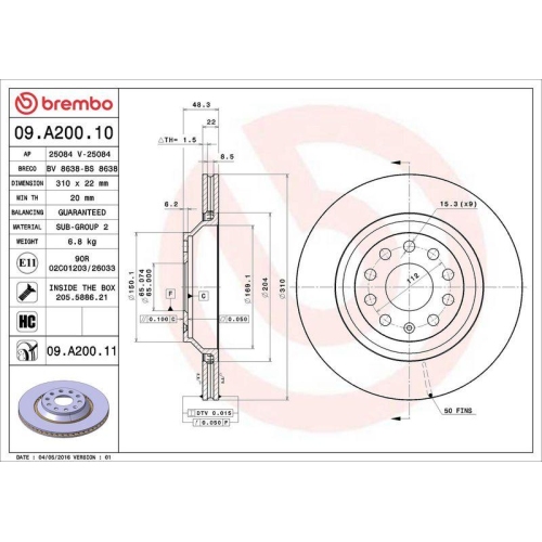 2X Brembo Bremsscheibe Prime Line - Uv Coated f&uuml;r Audi Seat VW Vw (faw)