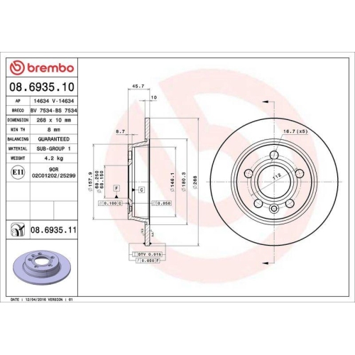 Bremsscheibe Brembo 08.6935.11 Prime Line - Uv Coated f&uuml;r Ford Seat VW