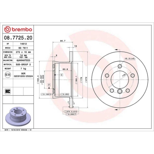 Bremsscheibe Brembo 08.7725.20 Prime Line f&uuml;r Dodge Mercedes Benz Mercedes Benz