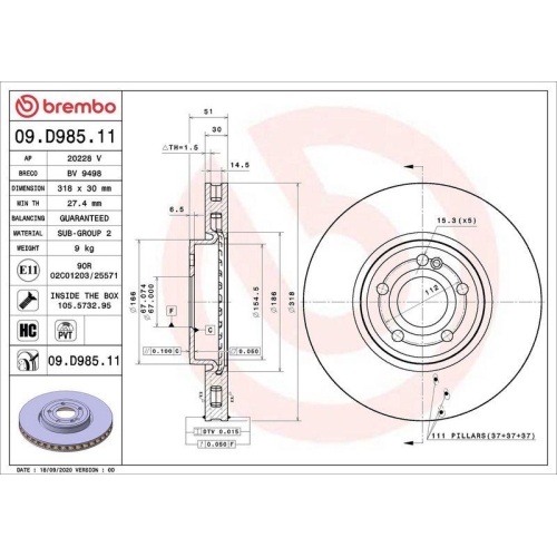 Bremsscheibe Brembo 09.D985.11 Prime Line - Uv Coated f&uuml;r Mercedes Benz