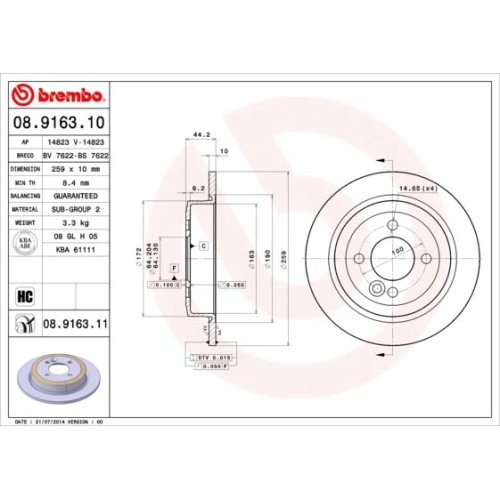 2X Brembo Bremsscheibe Hinterachse Prime Line f&uuml;r Mini