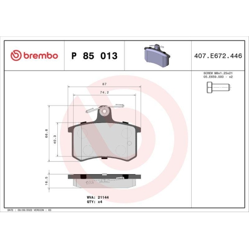 Bremsbelagsatz Scheibenbremse Brembo P85013 Prime Line f&uuml;r Alfa Romeo Audi Fiat