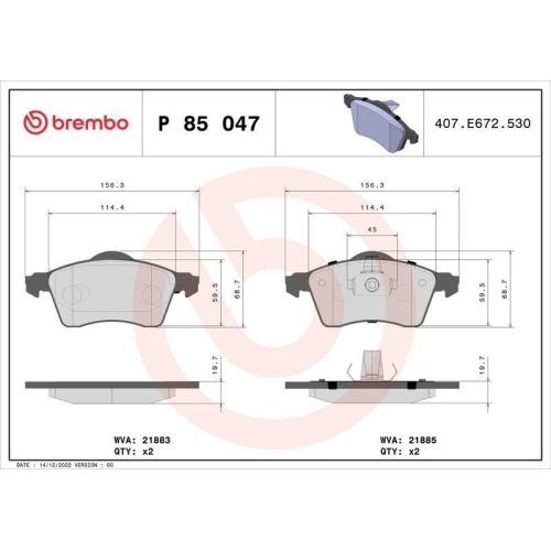 Bremsbelagsatz Scheibenbremse Brembo P85047 Prime Line f&uuml;r Audi Seat Skoda VW