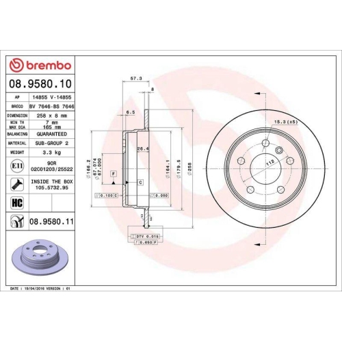 Bremsscheibe Brembo 08.9580.11 Prime Line - Uv Coated f&uuml;r Mercedes Benz