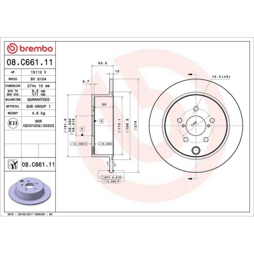 Bremsscheibe Brembo 08.C661.11 Prime Line - Uv Coated f&uuml;r Subaru Hinterachse
