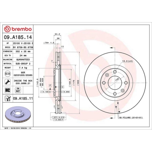 Bremsscheibe Brembo 09.A185.11 Prime Line - Uv Coated f&uuml;r Citro&euml;n Opel Peugeot