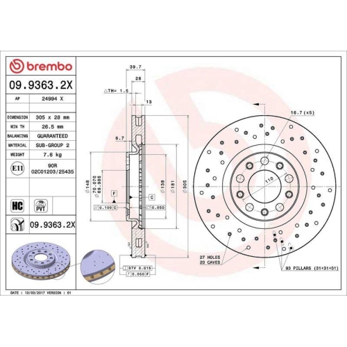 Bremsscheibe Brembo 09.9363.2X Xtra Line - Xtra f&uuml;r Alfa Romeo Chrysler Dodge