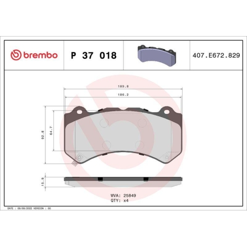 Bremsbelagsatz Scheibenbremse Brembo P37018 Prime Line f&uuml;r Dodge Nissan Cadillac