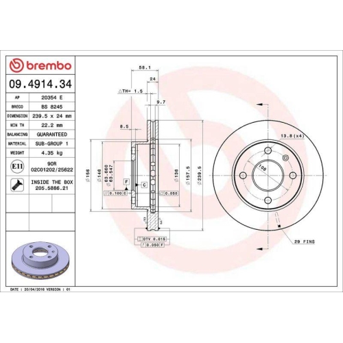 Bremsscheibe Brembo 09.4914.34 Prime Line f&uuml;r Ford Tvr Vorderachse