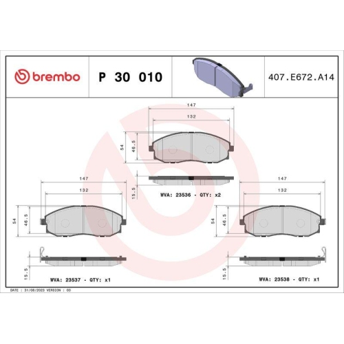 Bremsbelagsatz Scheibenbremse Brembo P30010 Prime Line f&uuml;r Hyundai Jac