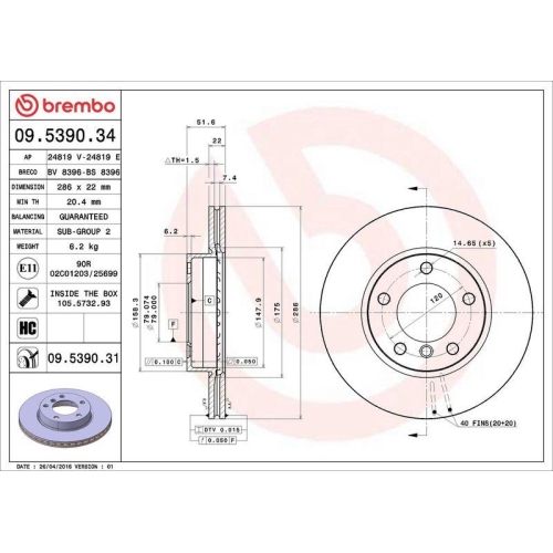 Bremsscheibe Brembo 09.5390.31 Prime Line - Uv Coated f&uuml;r Bmw Bmw (brilliance)