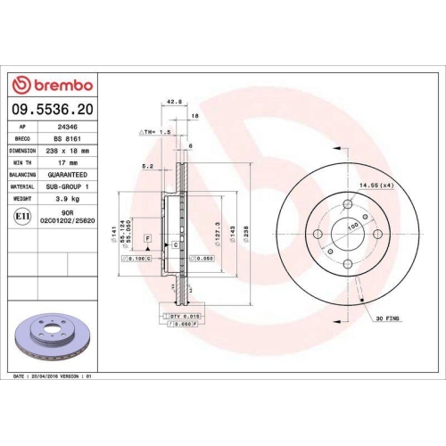 Bremsscheibe Brembo 09.5536.20 Prime Line f&uuml;r Toyota Vorderachse