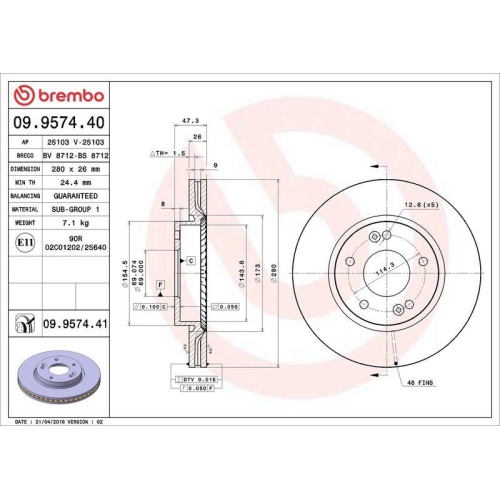 Bremsscheibe Brembo 09.9574.41 Prime Line - Uv Coated f&uuml;r Hyundai Kia