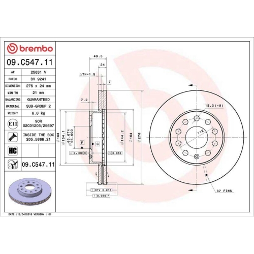 Bremsscheibe Brembo 09.C547.11 Prime Line - Uv Coated f&uuml;r Audi Seat Skoda VW