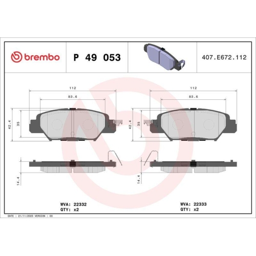 Bremsbelagsatz Scheibenbremse Brembo P49053 Prime Line f&uuml;r Mazda Hinterachse