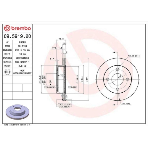 Bremsscheibe Brembo 09.5919.20 Prime Line f&uuml;r Nissan Vorderachse