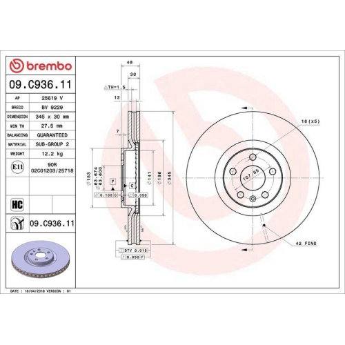 1X Brembo Bremsscheibe Vorderachse Prime Line - Uv Coated f&uuml;r Volvo