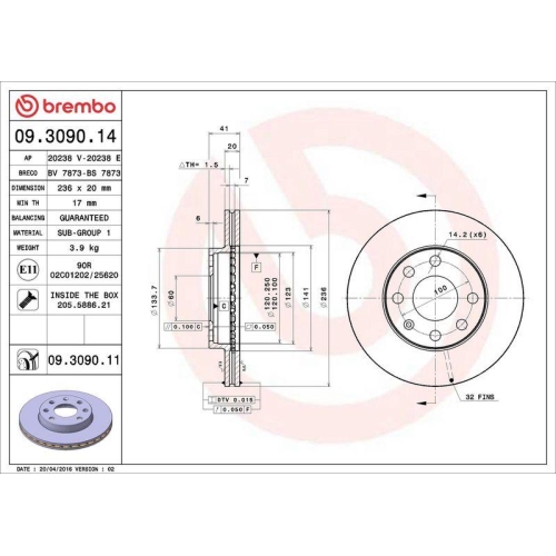 Bremsscheibe Brembo 09.3090.11 Prime Line - Uv Coated f&uuml;r Chevrolet Daewoo