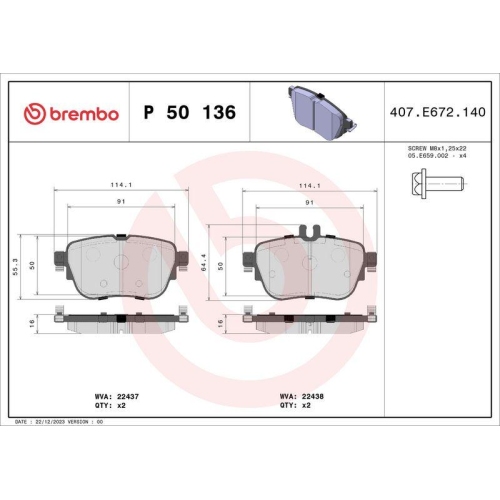 Bremsbelagsatz Scheibenbremse Brembo P50136 Prime Line f&uuml;r Mercedes Benz