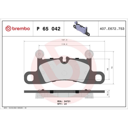 Bremsbelagsatz Scheibenbremse Brembo P65042 Prime Line f&uuml;r Porsche Hinterachse