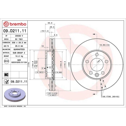 Bremsscheibe Brembo 09.D211.11 Prime Line - Uv Coated f&uuml;r VW Vorderachse