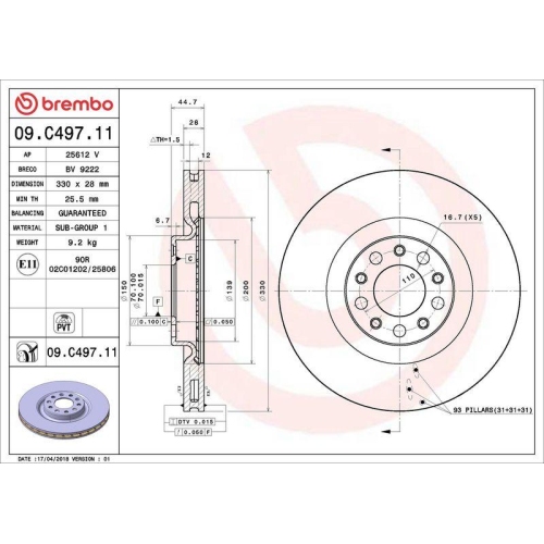Bremsscheibe Brembo 09.C497.11 Prime Line - Uv Coated für Alfa Romeo Vorderachse
