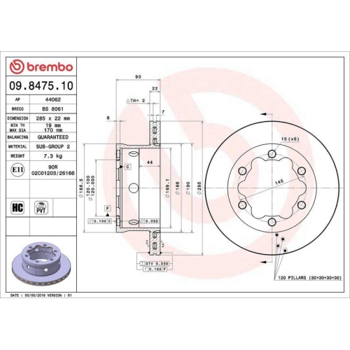Bremsscheibe Brembo 09.8475.10 Prime Line f&uuml;r Dodge Mercedes Benz Mercedes Benz