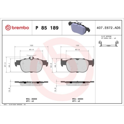 Bremsbelagsatz Scheibenbremse Brembo P85189 Prime Line f&uuml;r Audi Ford Seat VW